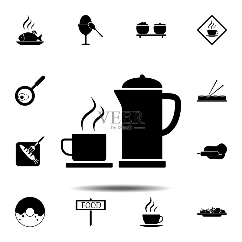 茶、茶壶、杯子图标:食品UI/UX网站或移动应用简约标志元素图标素材