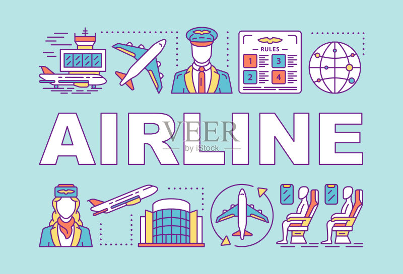 航空公司的词概念横幅。机场航站楼。机组人员,乘客。飞行员,乘务员。演讲中,网站。孤立的字母排版与线性图标的想法。向量大纲说明正版插画素材