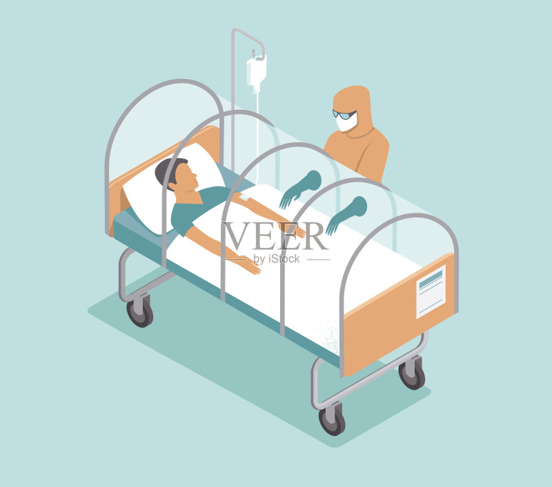 感染者躺在特殊隔离胶囊里。平面向量插图正版插画素材