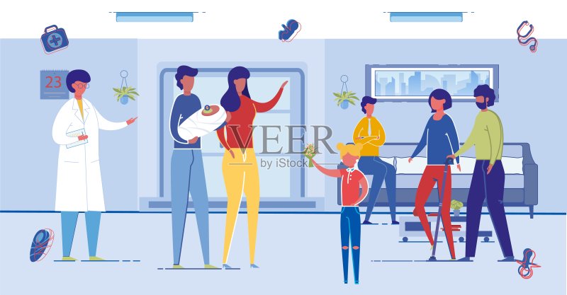 一对夫妇和新生婴儿在生殖中心。正版插画素材