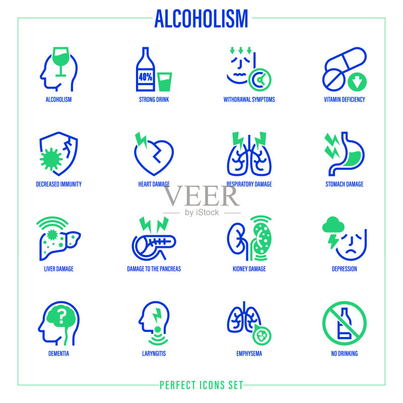 酒精依赖细线图标集:烈性酒、戒断症状、维生素缺乏、免疫力下降、内脏损伤、抑郁症、痴呆症、肺气肿。矢量图图标素材