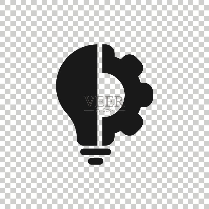 扁平风格创新图标:带齿轮的灯泡矢量图在白色孤立背景上,创意商业概念图标素材