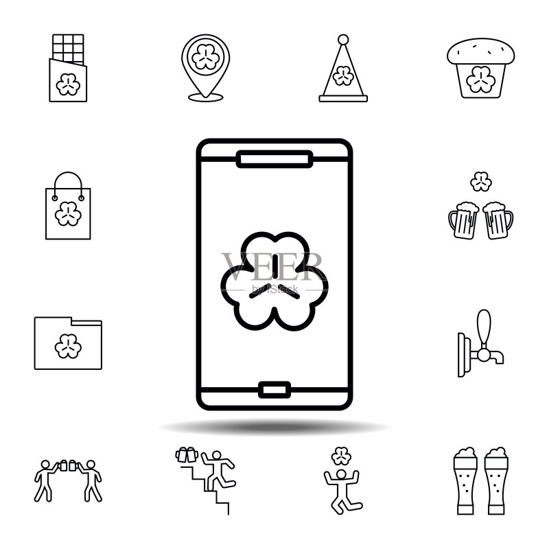 智能手机三叶草图标:圣帕特里克节UI/UX细线元素图标素材