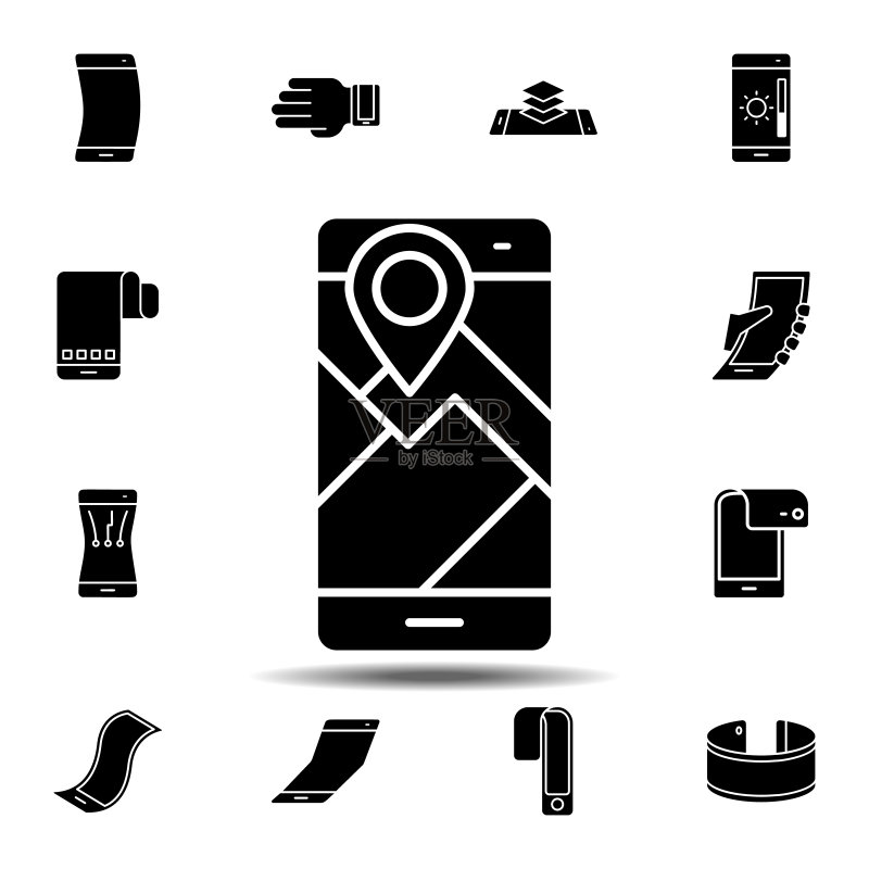 智能手机、电话、位置图标。用于UI和UX、网站或移动应用程序的智能手机图标集的简单符号、扁平矢量元素图标素材