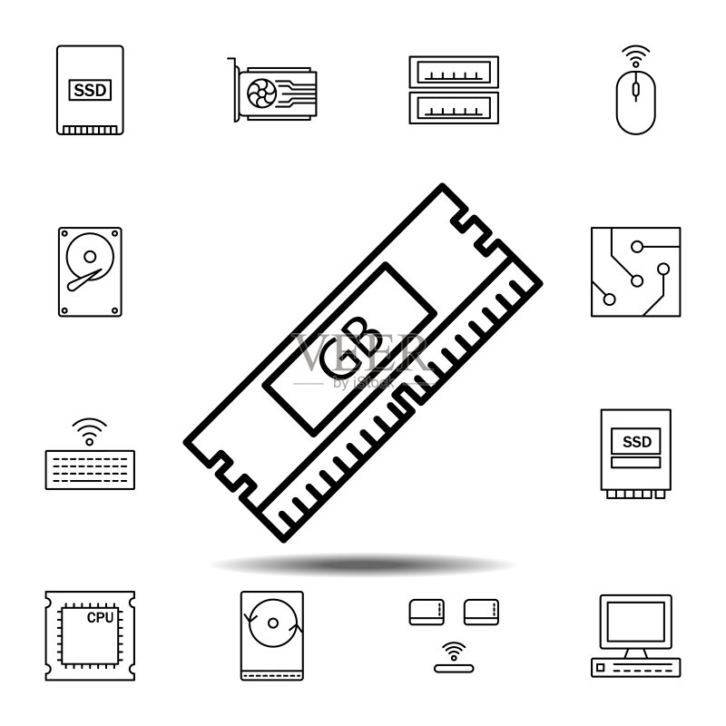 硬件、内存、RAM图标。用于UI和UX、网站或移动应用程序的硬件图标集的简单细线、轮廓矢量元素图标素材