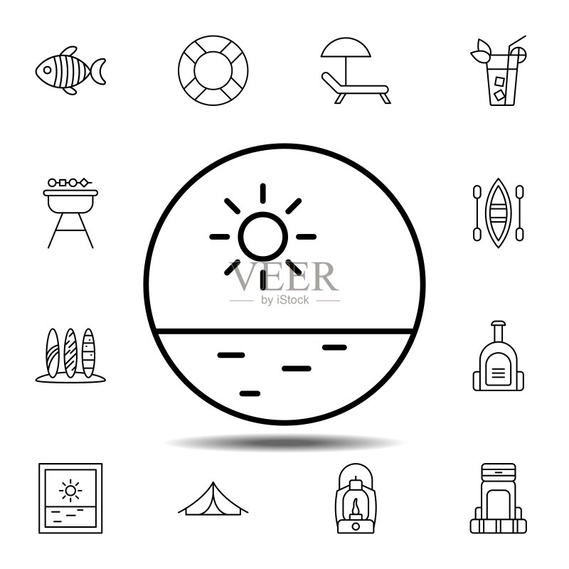 舷窗、圆形、太阳、大海图标。用于UI和UX、网站或移动应用的夏季图标集的简单细线轮廓矢量元素图标素材