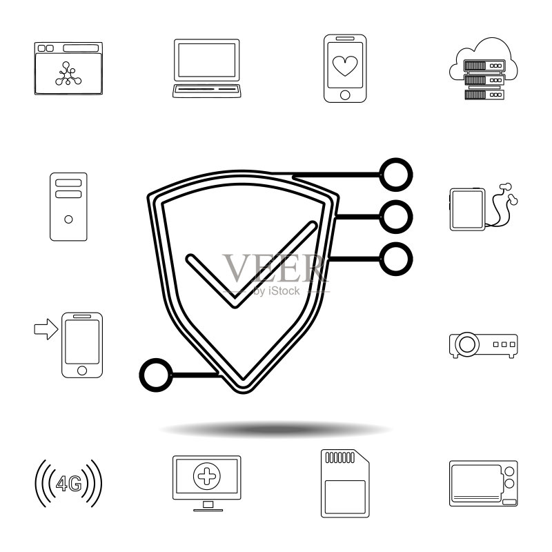 盾牌图标:用于UI和UX、网站或移动应用的科技图标集的简单细线条轮廓矢量元素图标素材