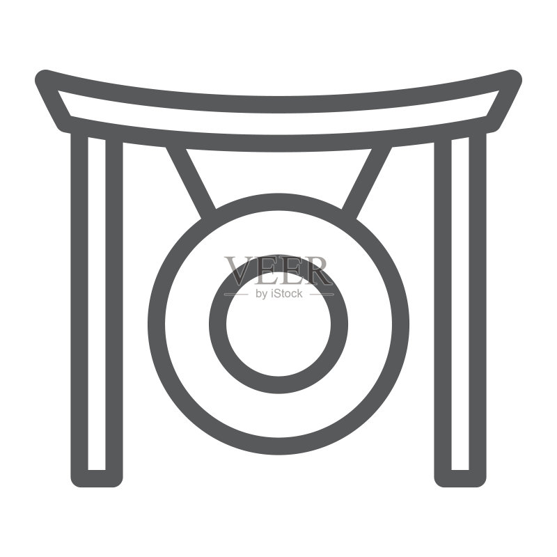 锣线性图标,亚洲和音乐,乐器标志,矢量图形,白色背景上的线性图案图标素材