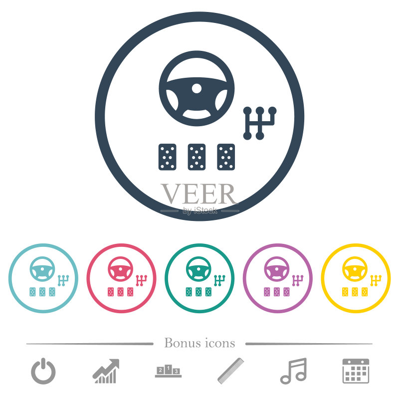 圆形轮廓中的汽车控制扁平彩色图标图标素材