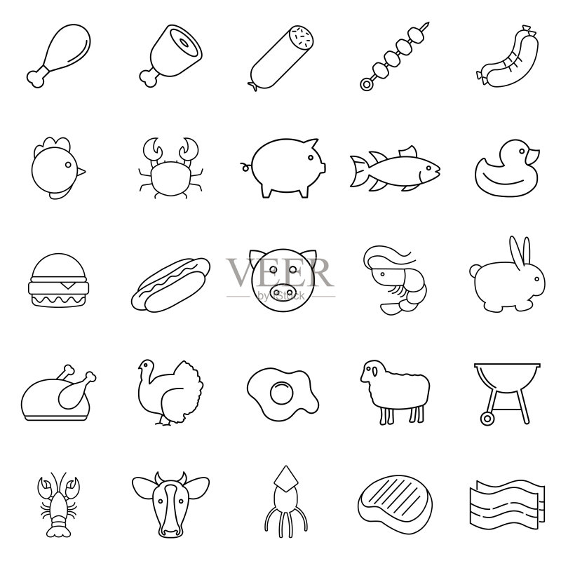 肉类、鱼类、蛋类和海鲜矢量图标集合图标素材