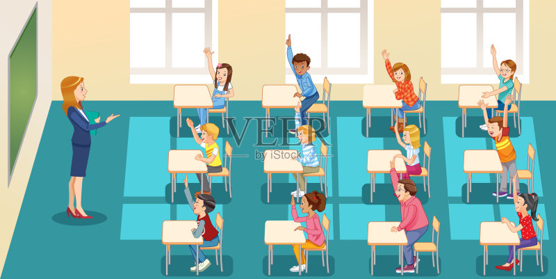 小学课堂:师生互动举手发言插画图片素材