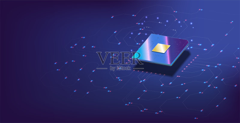 用于网页设计的CPU 3D特写:集成通信处理器概念,未来微芯片的投影插画图片素材