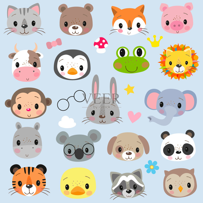 面对可爱的卡通动物在一个白色的背景正版元素素材