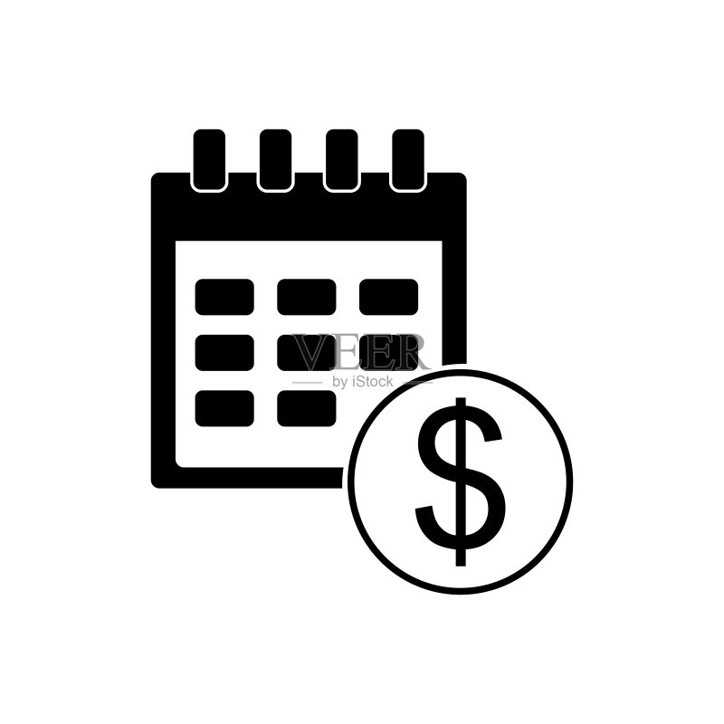 白色背景上的黑色财务日历图标:年度付款日、月度预算规划、固定周期概念、贷款期限矢量插图图标素材