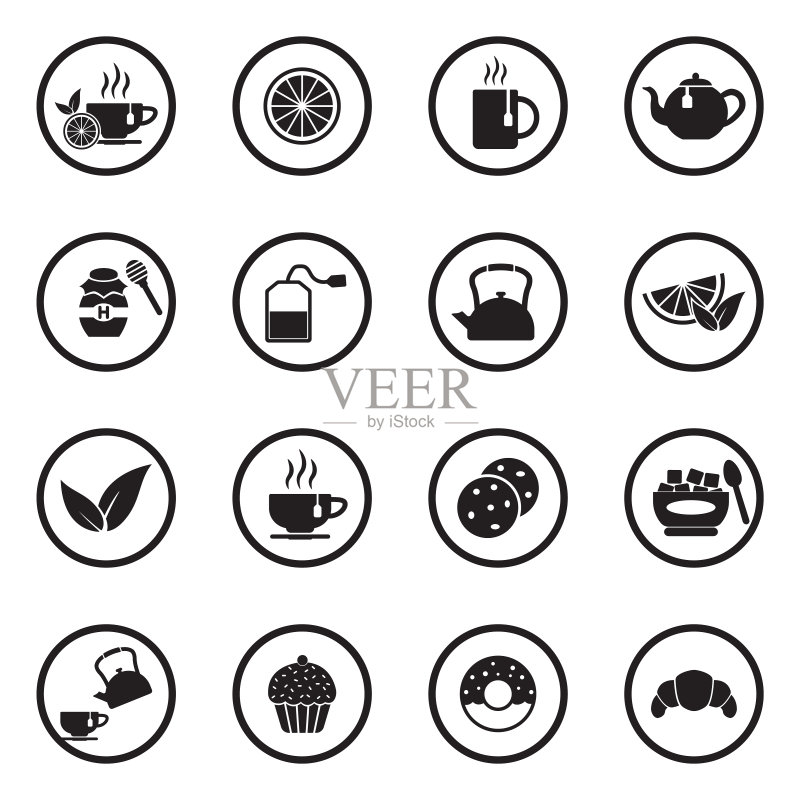 茶图标。圆形黑色扁平设计。矢量图。图标素材