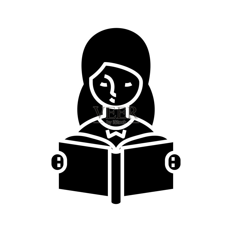学习中的女孩黑色图标,概念插图,矢量扁平符号,字形符号图标素材