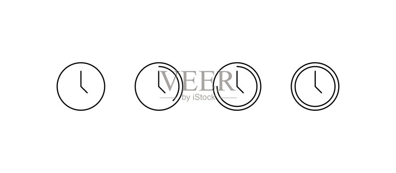 时间图标:一排手表、24小时时钟。扁平线性设计,隔离在白色背景上。全景视图。矢量图图标素材