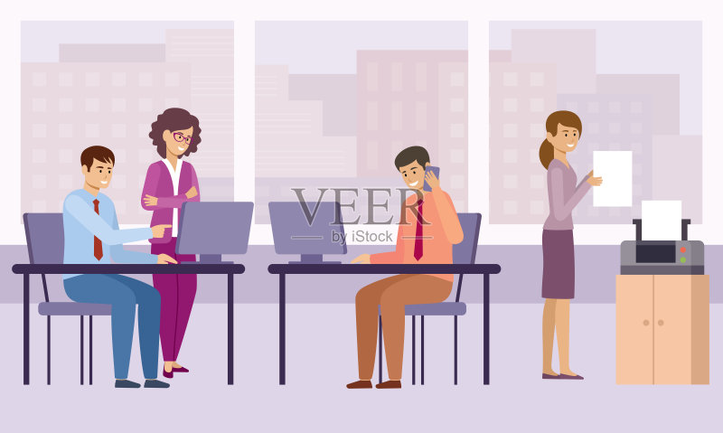 在办公室工作。商人和女商人讨论工作问题。正版插画素材