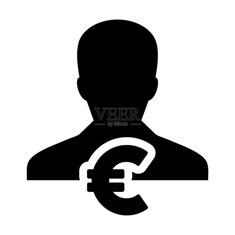 银行图标矢量:男性用户欧元符号头像,适用于银行和金融业务扁平风格图标素材