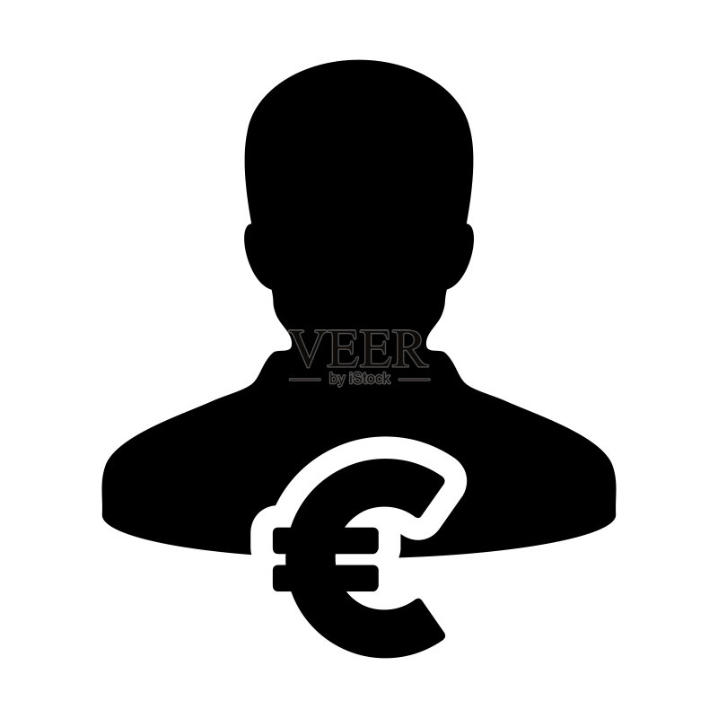 货币图标矢量:带有欧元货币符号的男性用户头像,用于银行和金融业务的扁平彩色字形图图标素材