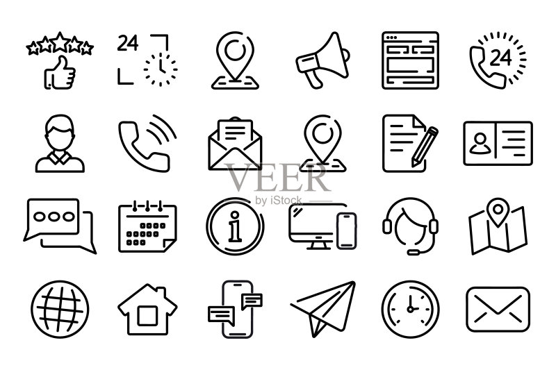 用于Web和移动App的简易“联系我们”图标集。社交媒体网络图标,呼叫,邮件,移动标志。客户服务。联系支持标志和符号图标素材
