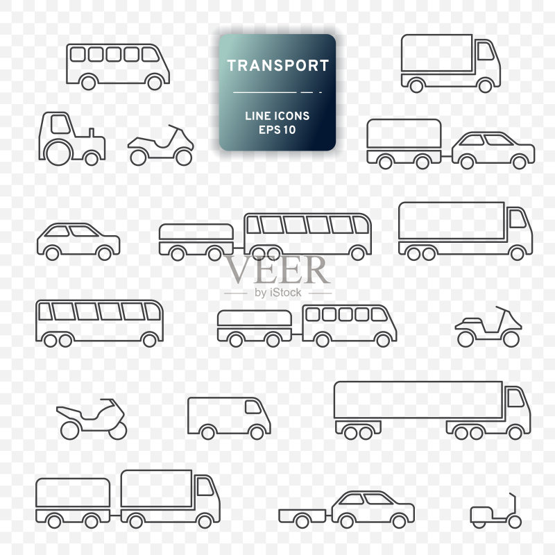运输图标,汽车、卡车、公共汽车、摩托车、拖车。车辆。线条设计,可编辑笔触图标素材