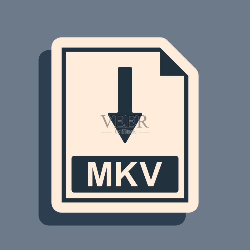 黑色MKV文件文档图标。灰色背景下载MKV按钮图标。长阴影样式。矢量图图标素材