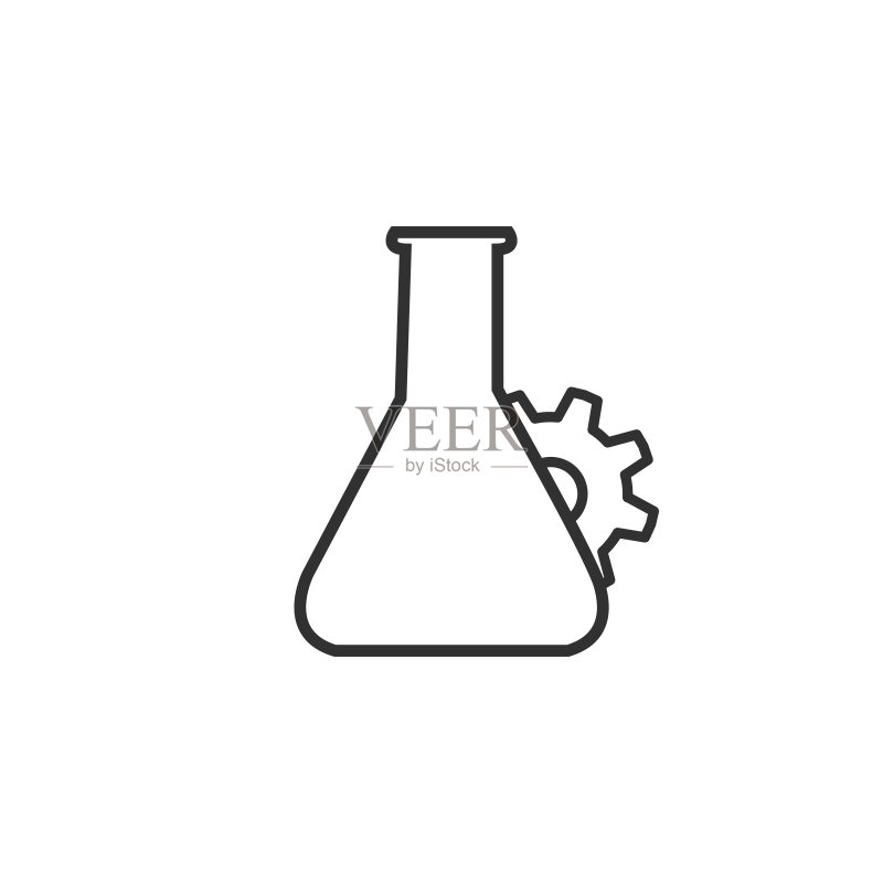 实验室化学设备:带机械齿轮图标的试管,实验烧瓶图标。矢量素材插画,白色背景隔离图标素材