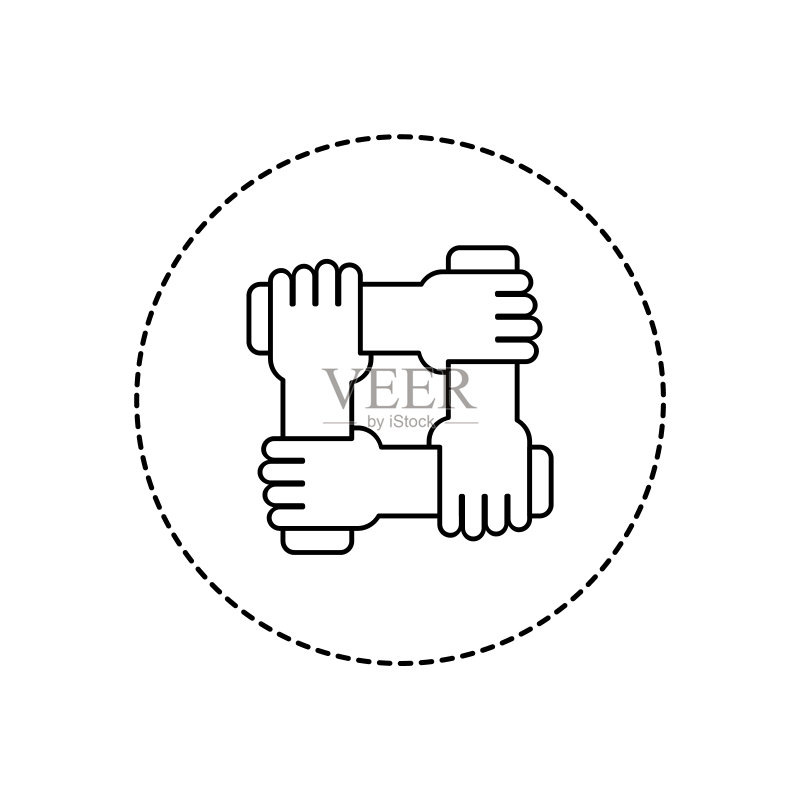 圆形团队合作线条图标:四手相握图标素材