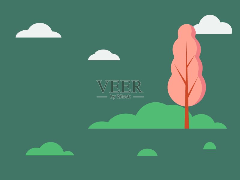 向量图形插图的自然景观与粉红色的树,灌木,草在深绿色的背景。城市游憩区及公园正版插画素材