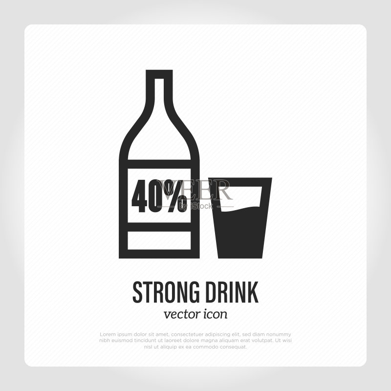 烈性酒。瓶装酒精和玻璃杯。细线图标。矢量图。图标素材