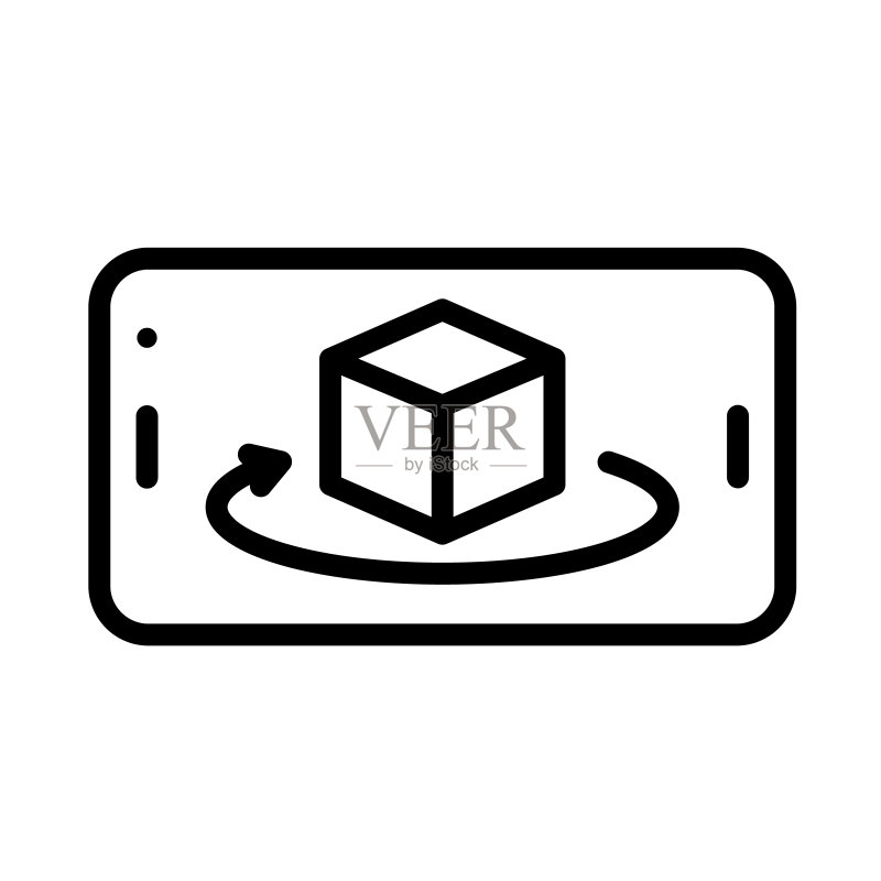 智能手机上360度物体旋转增强现实轮廓矢量图标,用于网页设计、移动应用、UI设计和印刷的AR和VR线性图标,未来科技概念图标素材