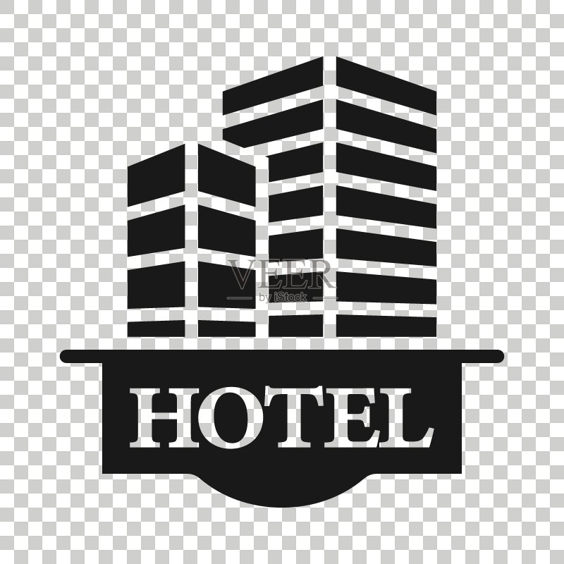扁平风格酒店标志图标:旅馆建筑矢量图在白色孤立背景上,招待所房间商业概念图标素材