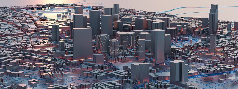 3 d渲染。低聚城市景观。城市技术概念。正版图片素材