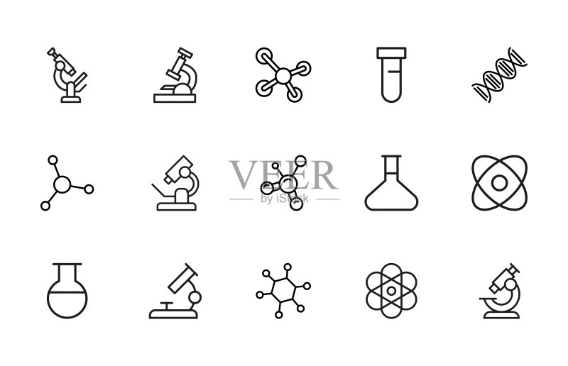 一组与生物工程相关的矢量线条图标。图标素材