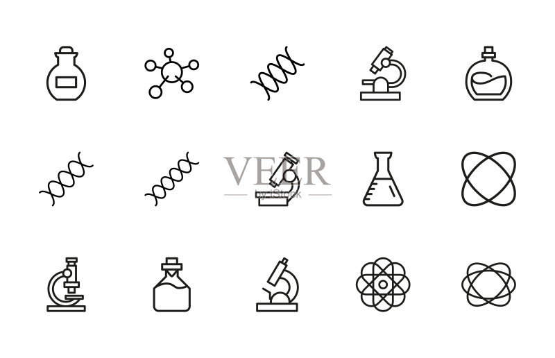 一组与生物工程相关的矢量线条图标。图标素材