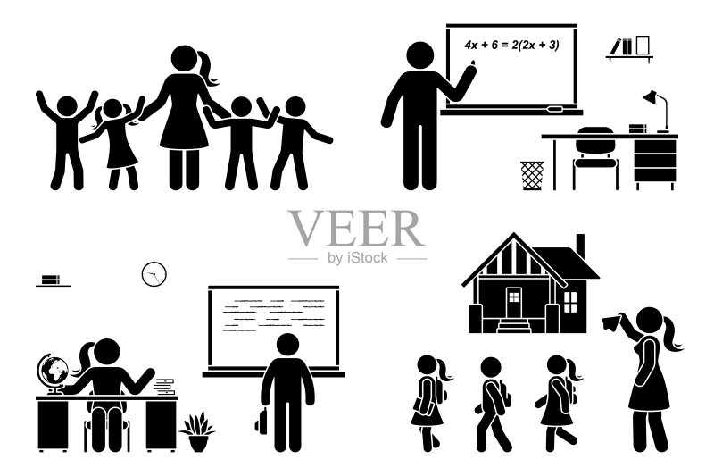 火柴人老师与孩子在黑板前教学矢量图标图标素材
