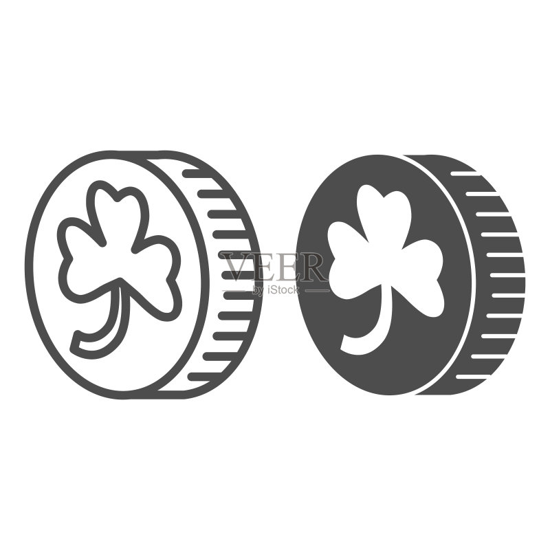 带三叶草线条和实心图标的硬币:白色背景上带四叶草轮廓的妖精金色幸运币,圣帕特里克节财富移动概念和网页设计矢量图形图标素材