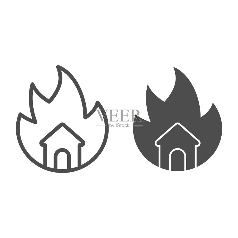 火焰和房屋线条图标。白色背景上的房屋火灾轮廓图,适用于移动概念和网页设计的矢量图形。图标素材