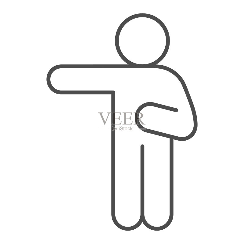 男人用左臂指向细线图标。男人举起手指向白色背景上的左侧轮廓样式象形图。用于移动概念和网页设计的人类姿势。矢量图形。图标素材