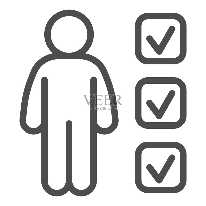 申请表审核线性图标,候选人性格测试白色背景象形图,用于移动概念和网页设计的人员和标记复选框矢量图形图标素材