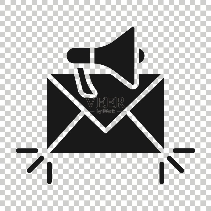 扁平风格的信封通知图标:带扬声器的电子邮件在白色孤立背景上的矢量图,接收邮件消息业务概念图标素材