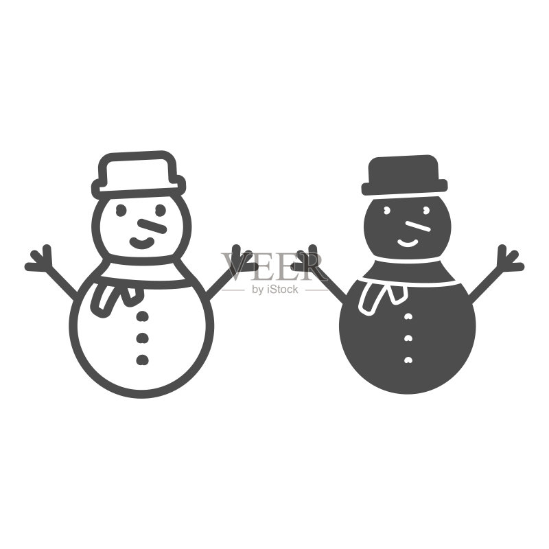 雪人线性图标:白色背景上戴帽子和围巾的快乐冬季雪人轮廓图标素材