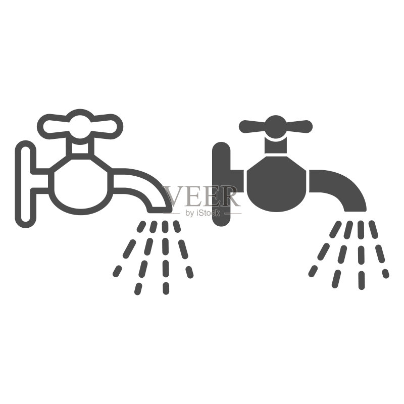 水龙头线条图标,白色背景上的水龙头轮廓,用于移动概念和网页设计的消毒和卫生处理,以避免冠状病毒感染矢量图形图标素材