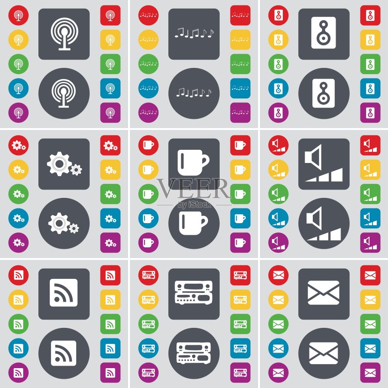 Wi-Fi、便签、扬声器、齿轮、杯子、音量、RSS、录音机、消息图标符号。一组用于您设计的彩色扁平按钮。矢量图标素材