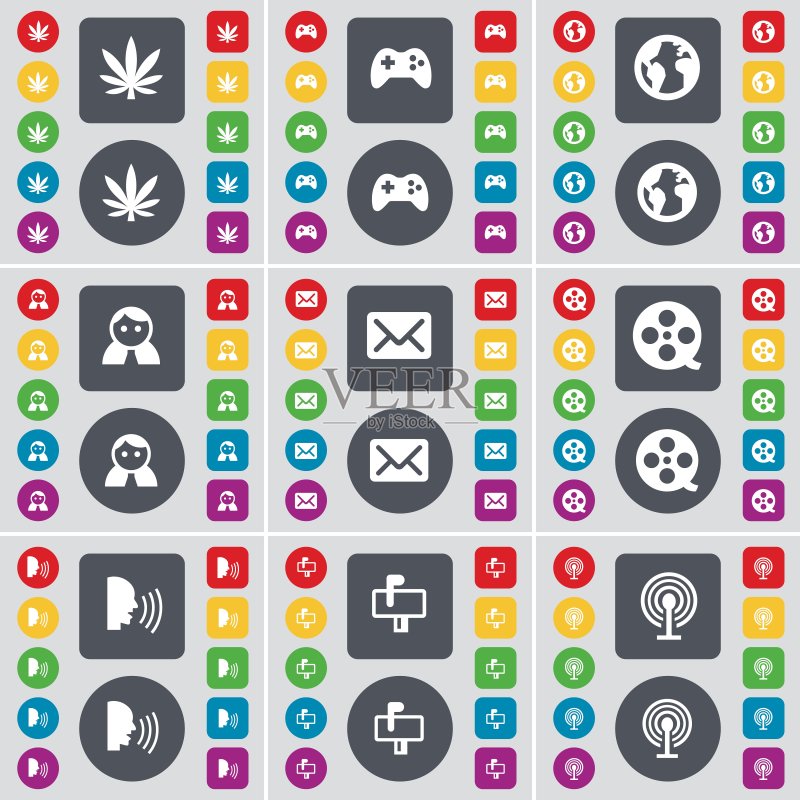 大麻、游戏手柄、地球、头像、消息、录像带、对话、邮箱、Wi-Fi图标符号:一组用于您设计的扁平彩色按钮,矢量图标素材