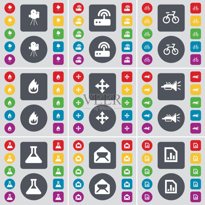 电影摄影机、路由器、自行车、火焰、移动、王牌、烧瓶、消息、图表文件图标符号。一组用于您设计的扁平彩色按钮。矢量图标素材