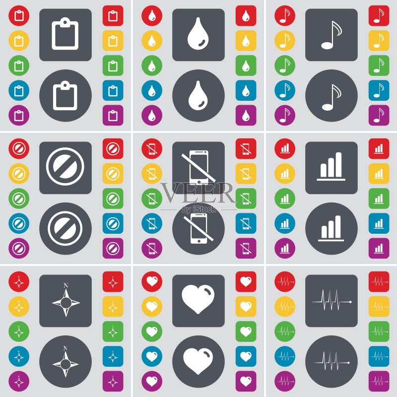 Survay, Drop, Note, Stop, Smartphone, Diagram, Compass, Heart, Pulse图标符号。一组用于您设计的扁平彩色按钮。矢量图标素材