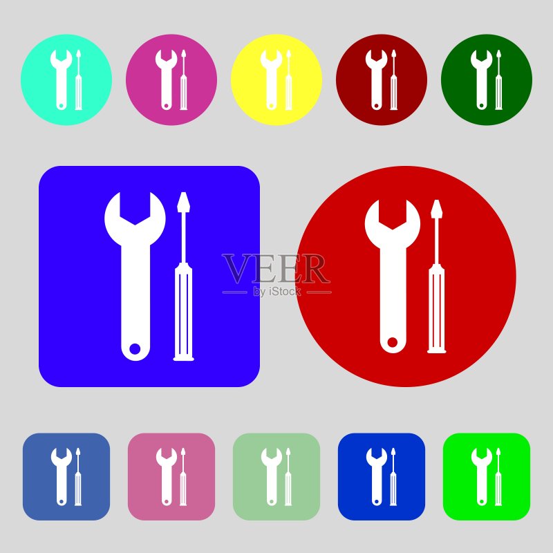 维修工具标志图标:服务符号,带扳手的螺丝刀,12个彩色按钮,扁平设计,矢量图图标素材