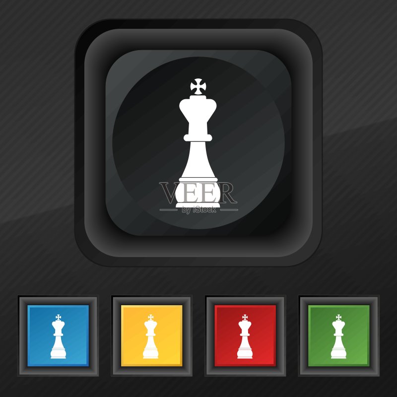 国际象棋国王图标符号,黑色纹理上的彩色时尚按钮矢量图图标素材